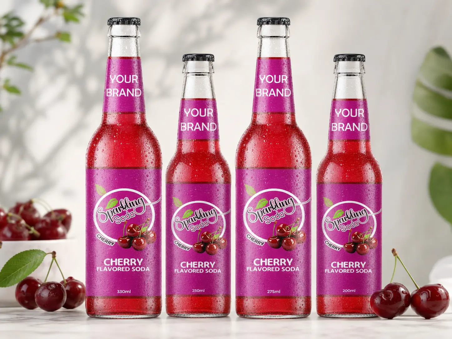 SPARKLING FLAVORED SODA Cherry in 330ml, 250ml, 275ml, and 200ml glass bottles.